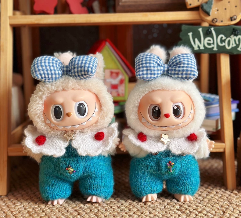 Handmade Labubu Doll Outfit – Premium Wool & Rabbit Wool Ensemble with Butterfly Bow & Suspenders for 17cm Figures - Image 1