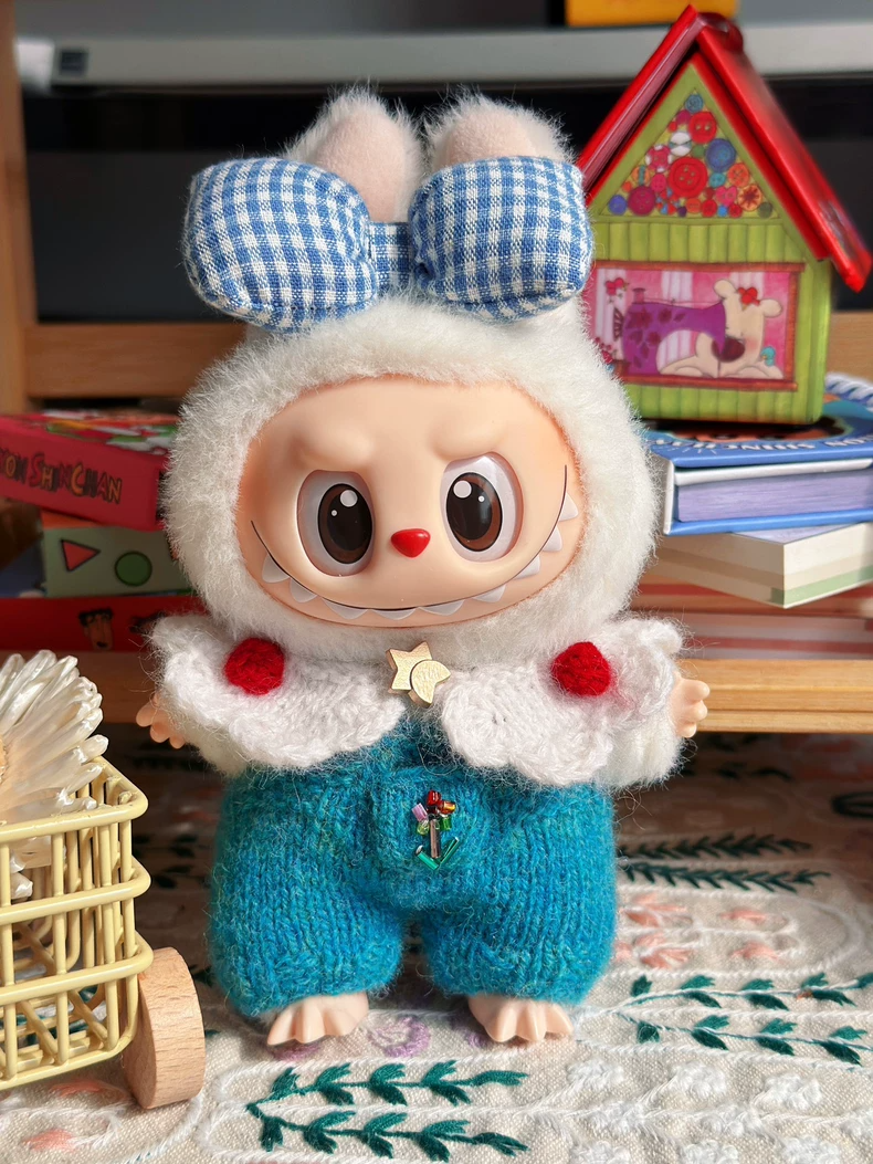 Handmade Labubu Doll Outfit – Premium Wool & Rabbit Wool Ensemble with Butterfly Bow & Suspenders for 17cm Figures - Image 2