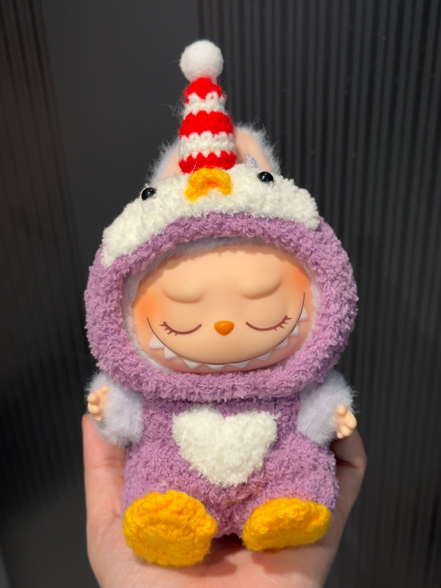 Whimsical LABUBU Doll Outfit: Cozy Plush Ensemble with Unicorn Hat & Yellow Booties - Image 1