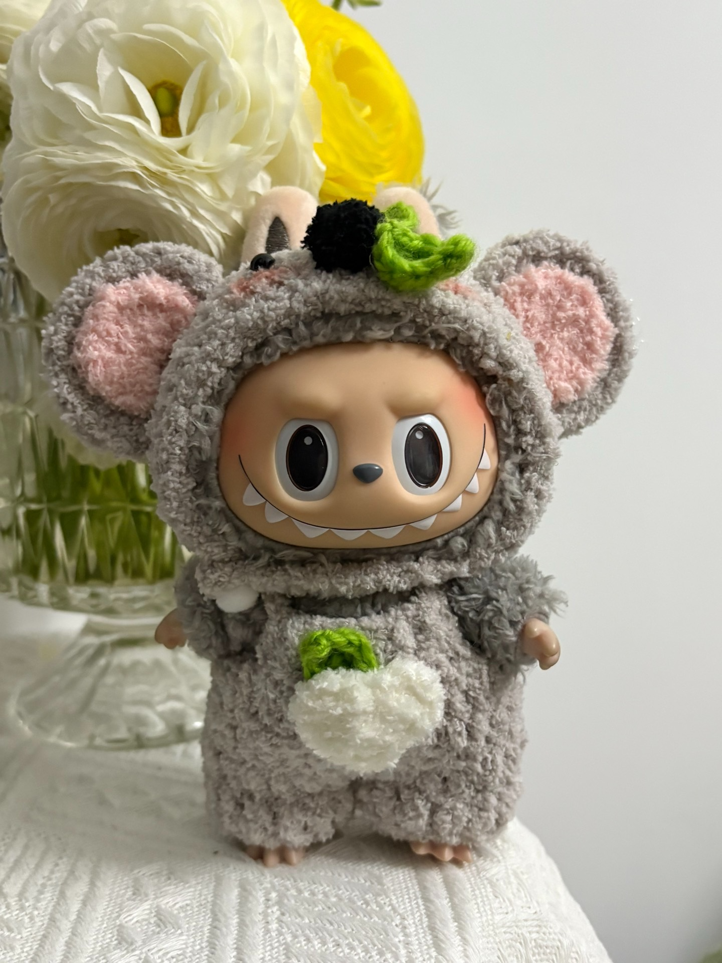 Custom Koala Outfit for Labubu Dolls – Soft Gray Yarn with Pink & Green Accents, Perfect Fit & Playful Design - Image 1