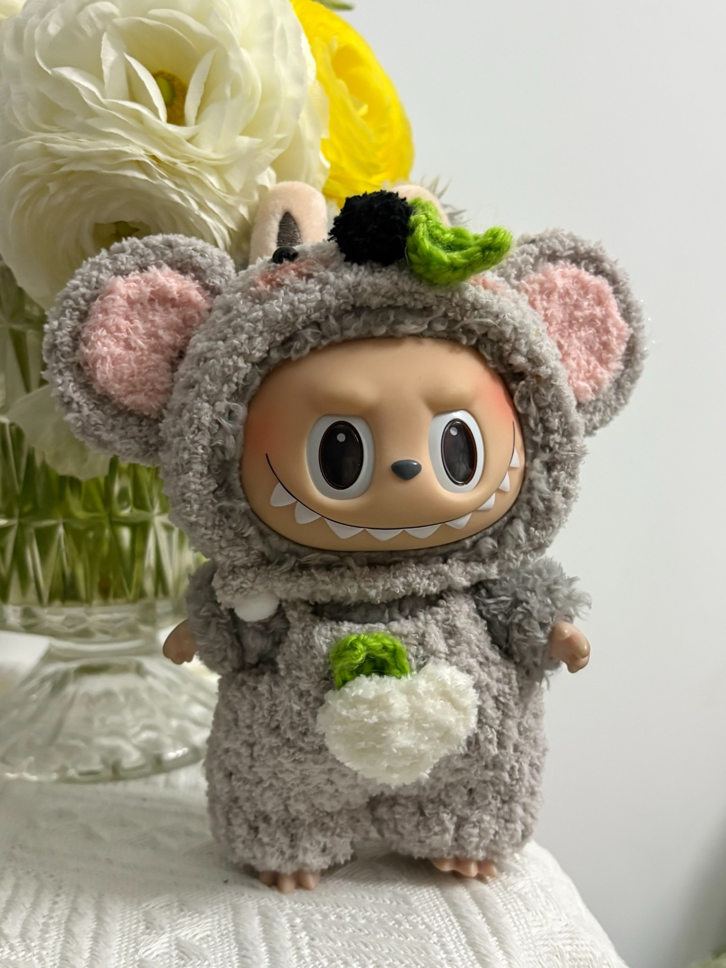Custom Koala Outfit for Labubu Dolls – Soft Gray Yarn with Pink & Green Accents, Perfect Fit & Playful Design - Image 2