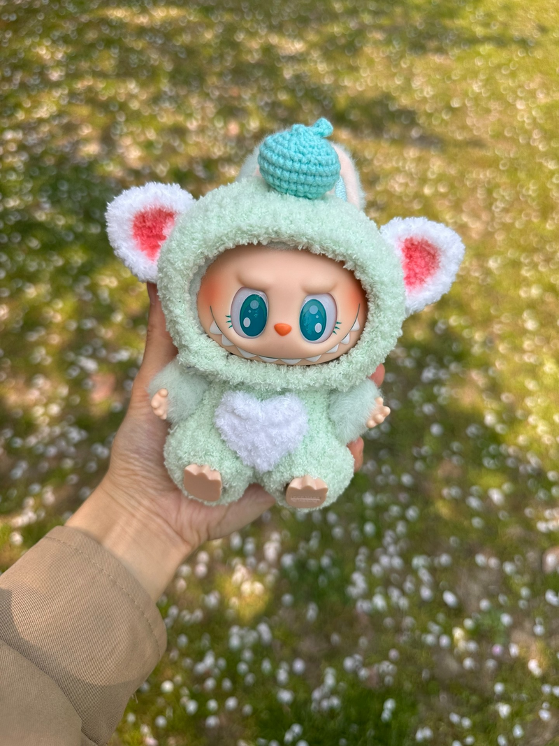 Adorable Labubu Bear Outfit – Cozy Hat & Jumpsuit, Pastel Plush Doll Ensemble for Collectors - Image 1