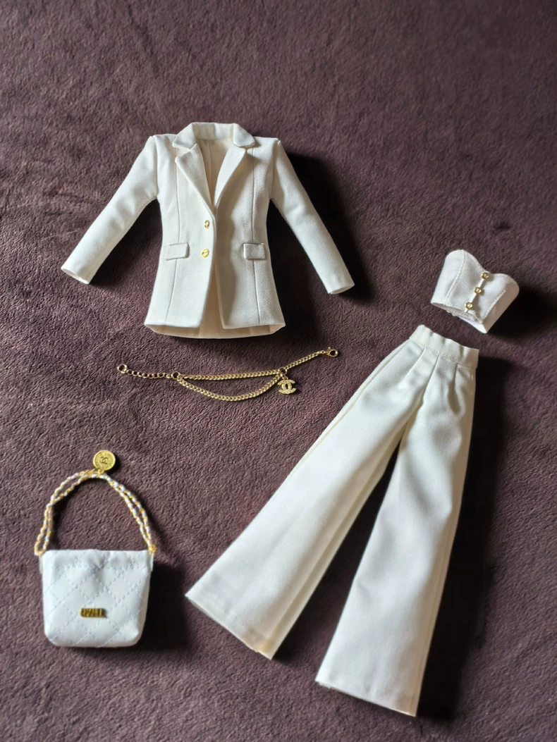 Elegant Cream White BJD 1/6 Doll Blazer Suit Set with Gold Accents - Premium Formal Outfit - Image 3