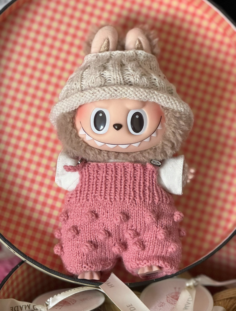 Handmade Knit Labubu Doll Outfit – Cozy Hat, Scarf & Pink Romper for Collectors - Image 3