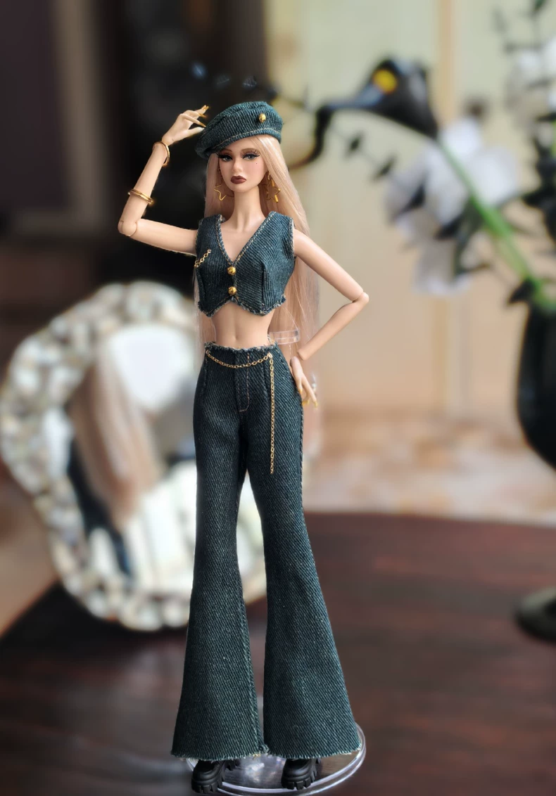 BLYTHE Retro Denim Outfit Set: Vintage Vest, Flared Jeans & Beret - Image 1