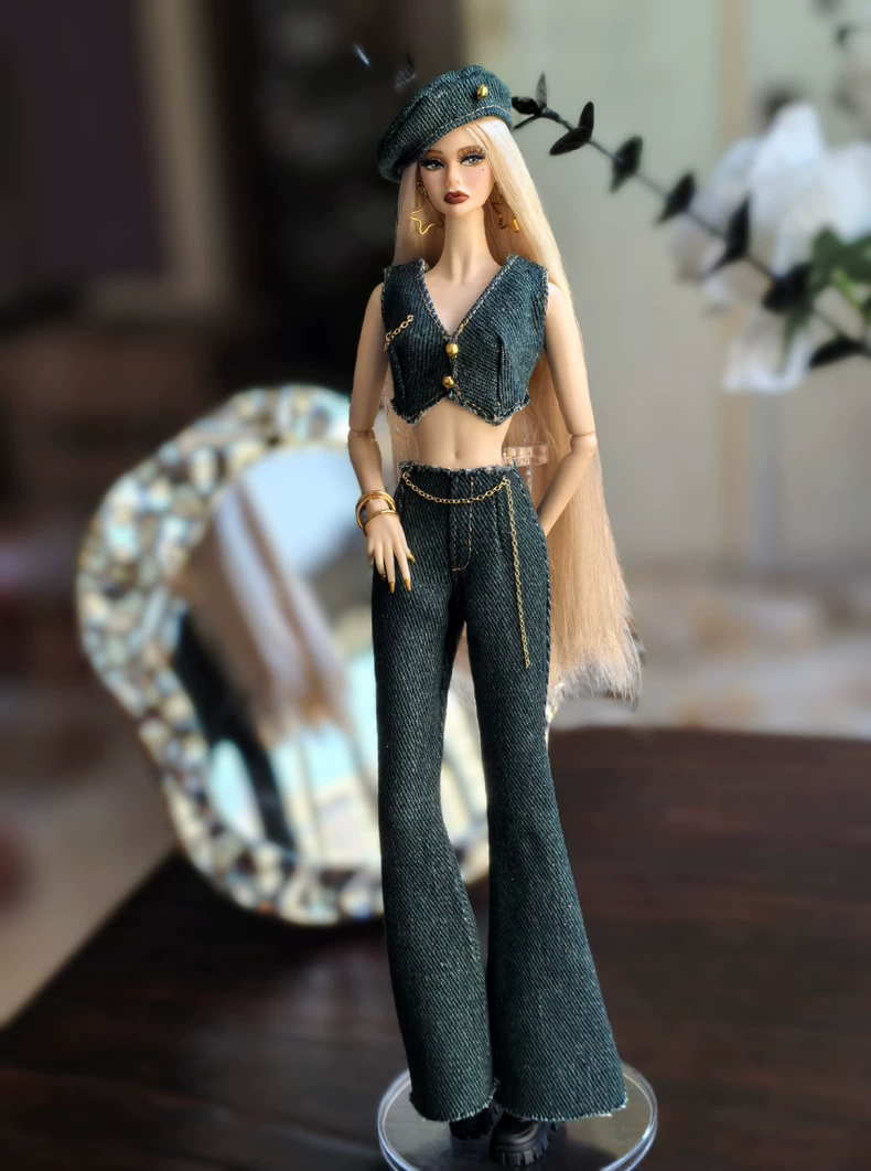BLYTHE Retro Denim Outfit Set: Vintage Vest, Flared Jeans & Beret - Image 2