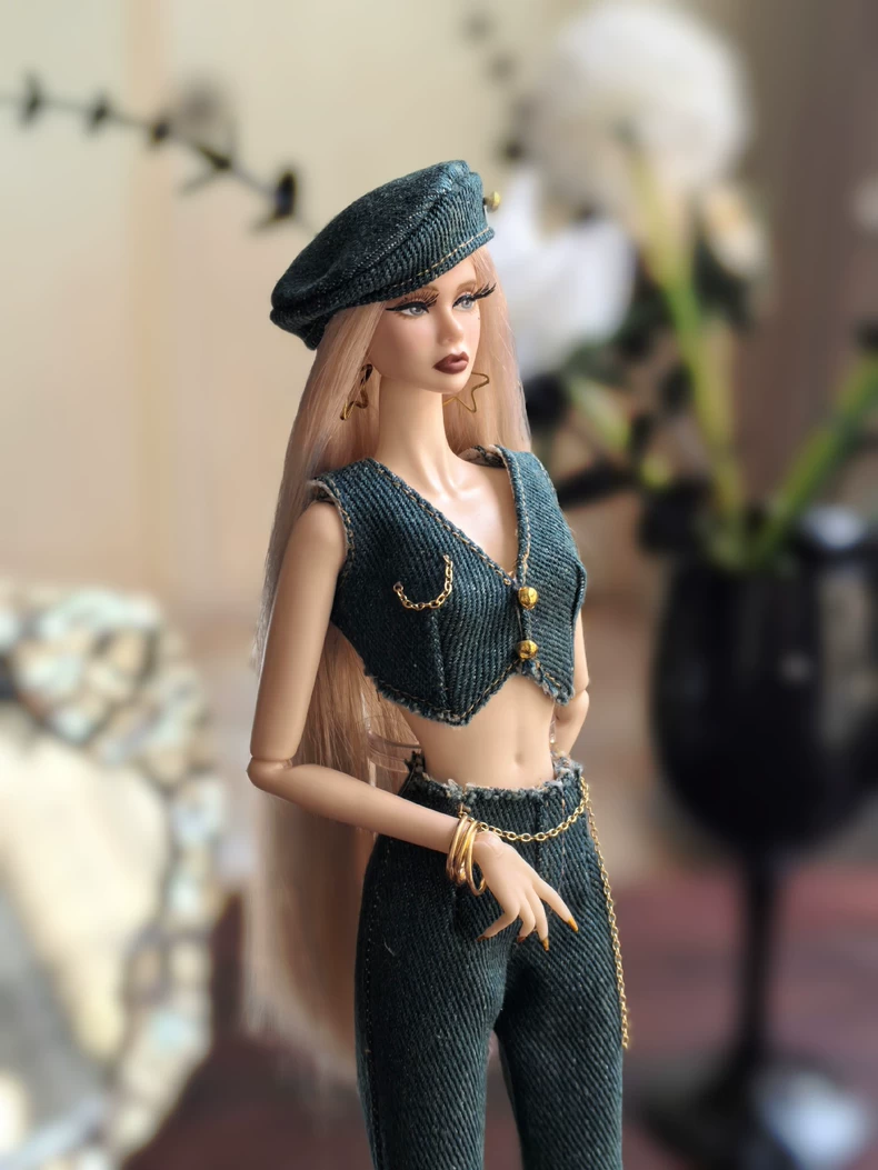 BLYTHE Retro Denim Outfit Set: Vintage Vest, Flared Jeans & Beret - Image 3
