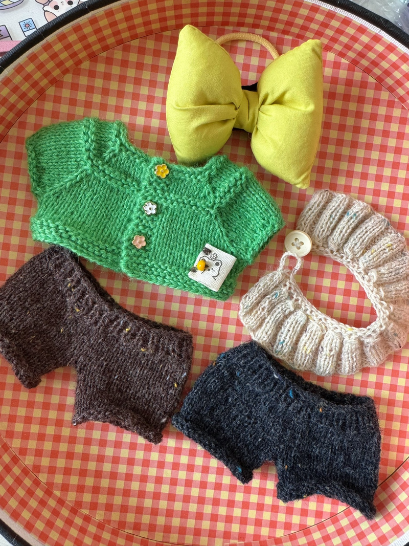 Handmade Knit Labubu Doll Outfit – Vibrant Green Cardigan & Brown Pants with Yellow Bow – Premium Quality & Durable - Image 1
