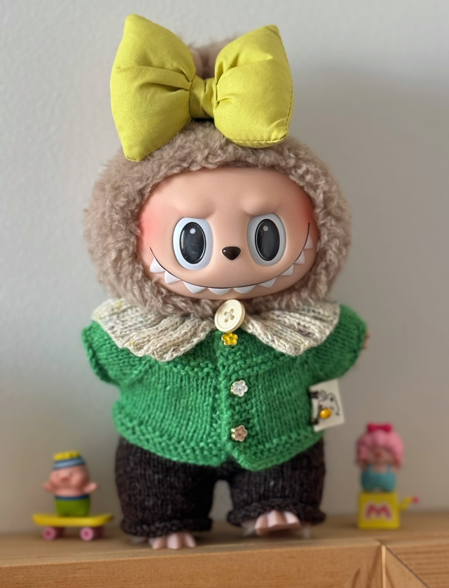 Handmade Knit Labubu Doll Outfit – Vibrant Green Cardigan & Brown Pants with Yellow Bow – Premium Quality & Durable - Image 2