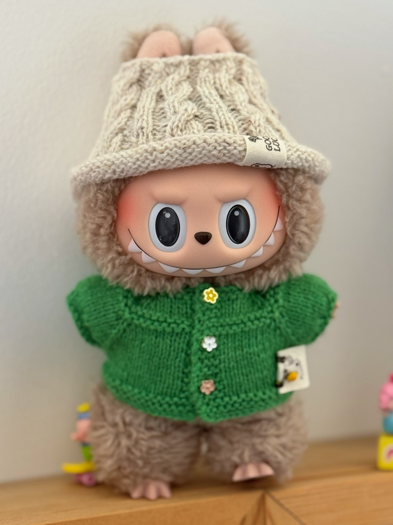 Handmade Knit Labubu Doll Outfit – Vibrant Green Cardigan & Brown Pants with Yellow Bow – Premium Quality & Durable - Image 3