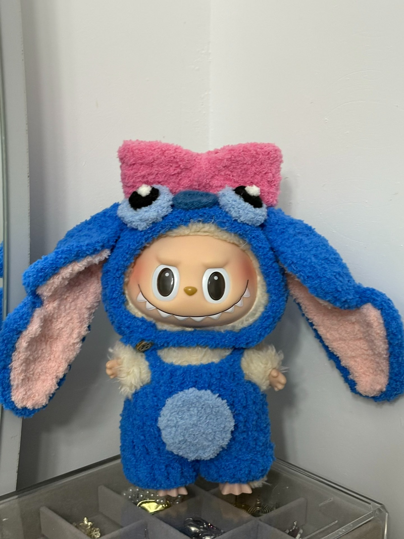 Whimsical Stitch-Themed LABUBU Costume – Vibrant Blue Plush with Playful Pink Ears, Durable & Comfortable Design - Image 3