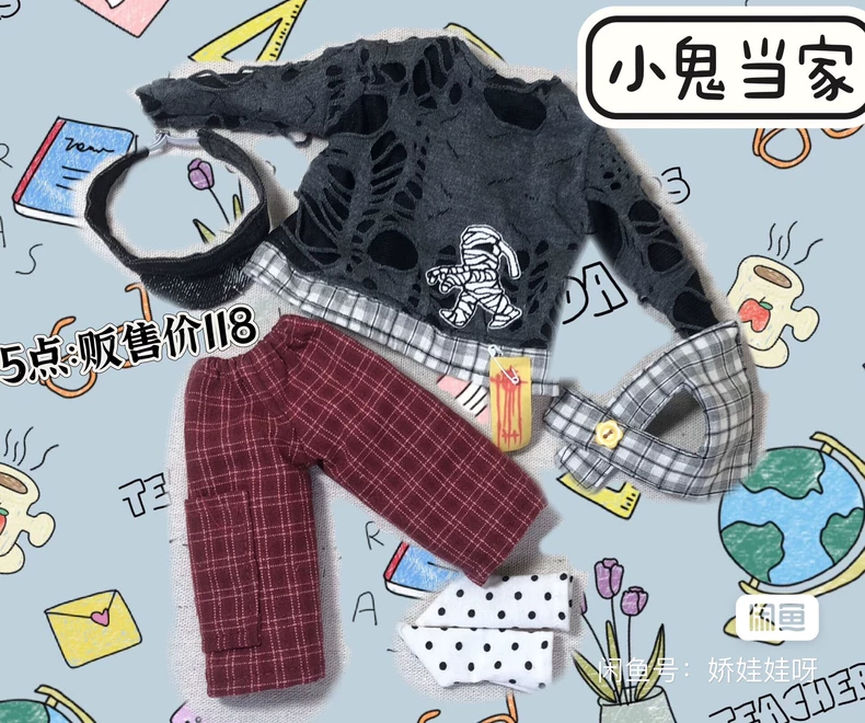 Home Alone Zombie Tee & Plaid Skirt Outfit for OB22 OB24 Blythe Dolls - Edgy Collector Fashion - Image 9