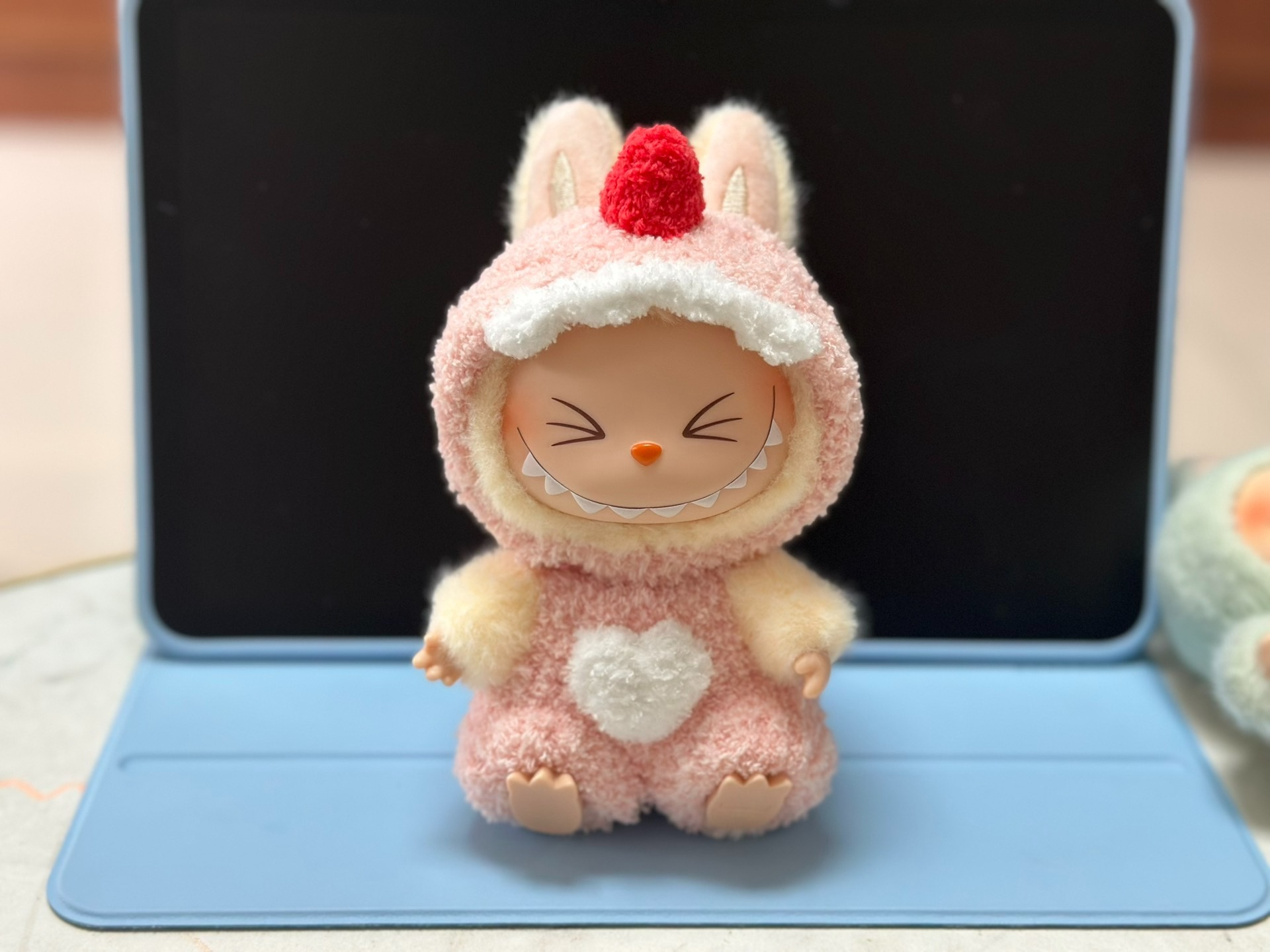 Whimsical Dinosaur Outfit for Labubu – Pastel Pink Hat & Overalls, Collector’s Dream - Image 1