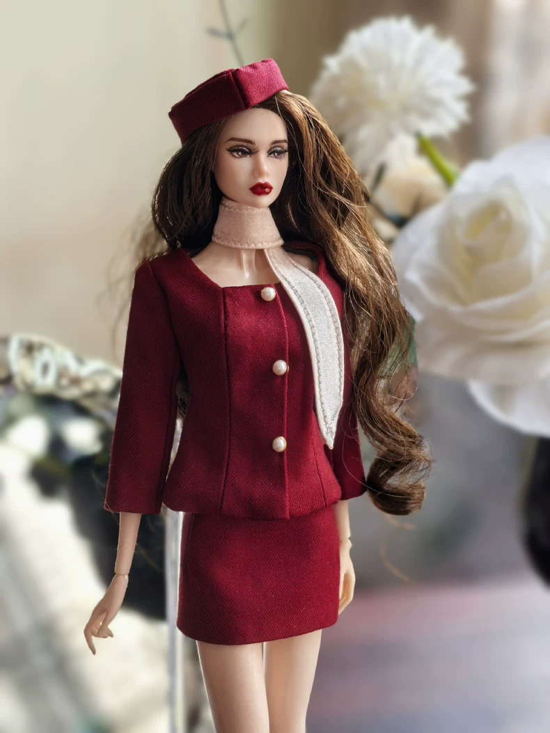 BLYTHE Luxury Air Hostess Outfit: Collector's Burgundy Wool Suit w/ Hat & Scarf - Image 1