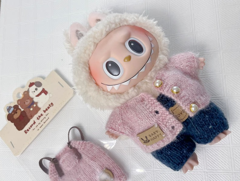Charming Labubu Outfit: Pastel Pink & Blue Suspenders & Sweater Set for Playful Adventures - Image 1