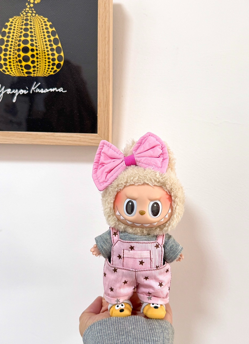 Whimsical Labubu Outfit: Pink Star Overalls & Plush Bunny Ears for Collectors - Image 6