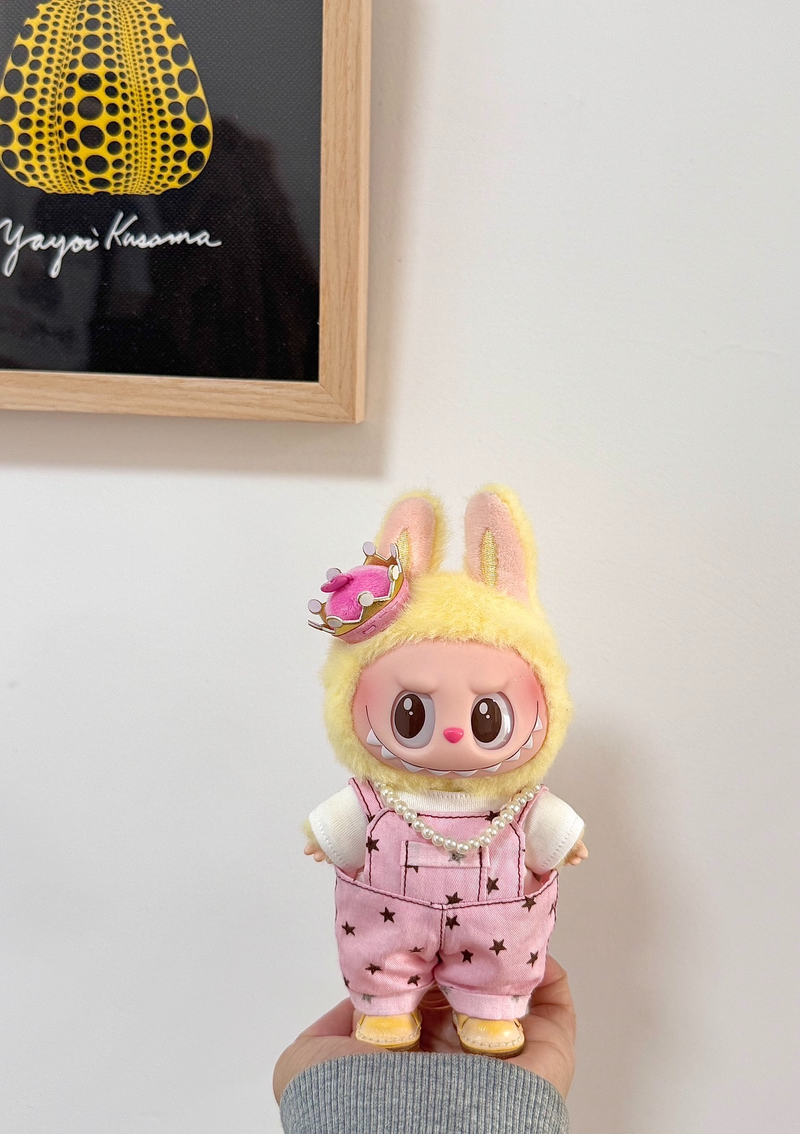 Whimsical Labubu Outfit: Pink Star Overalls & Plush Bunny Ears for Collectors - Image 7