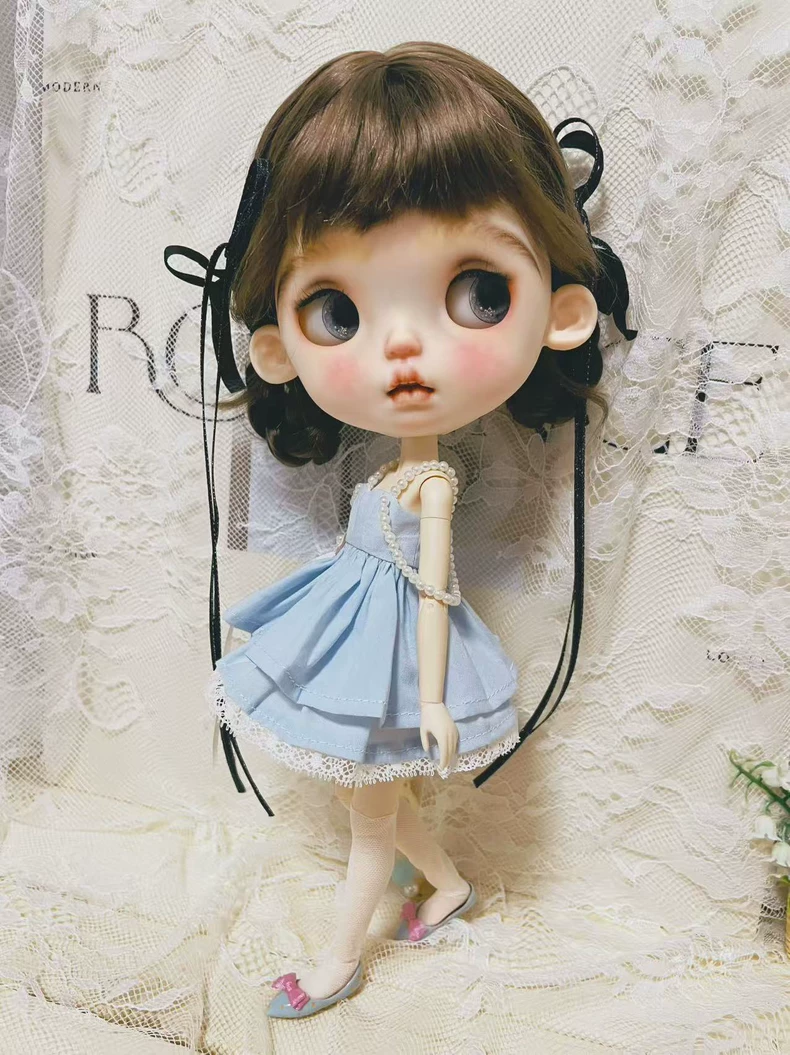 Exquisite Pastel Blue BLYTHE Doll Dress Outfit for ob22 – Elegant Lace & Pearl Details - Image 5