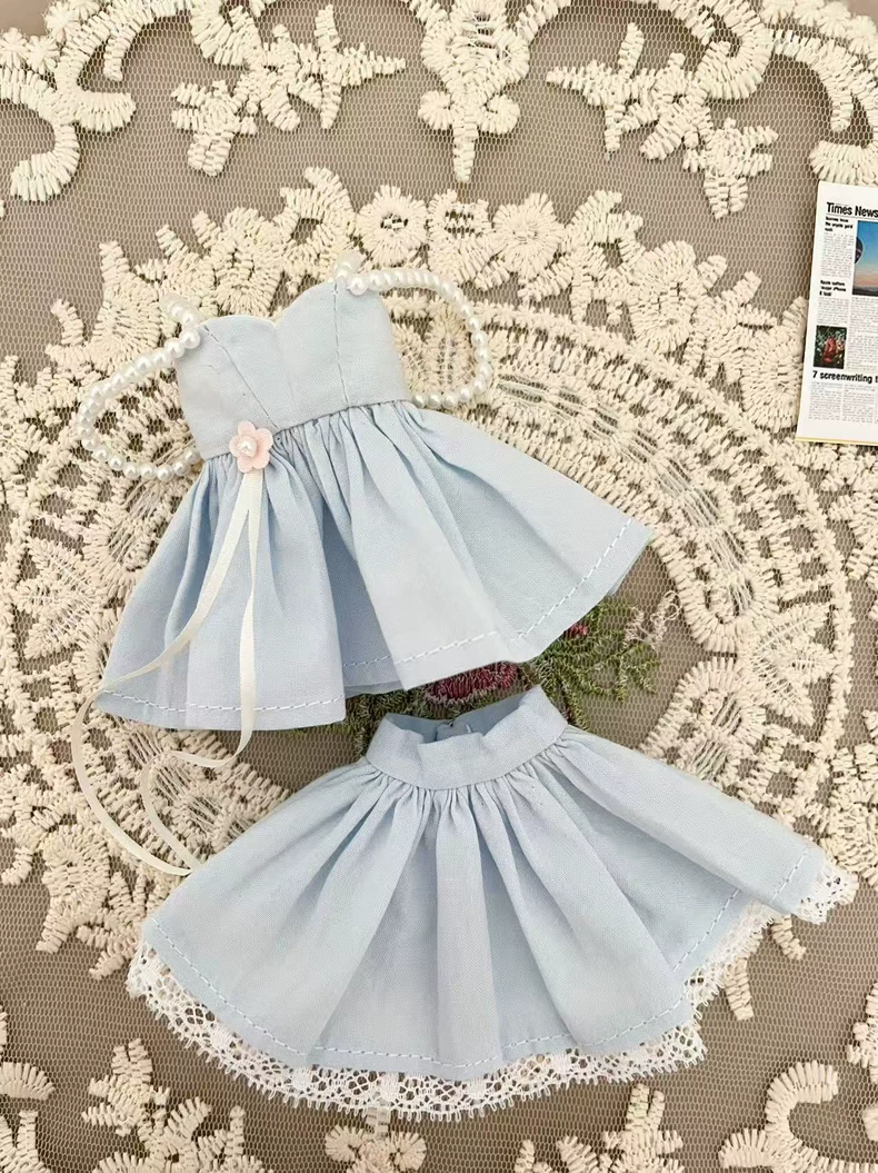 Exquisite Pastel Blue BLYTHE Doll Dress Outfit for ob22 – Elegant Lace & Pearl Details - Image 9