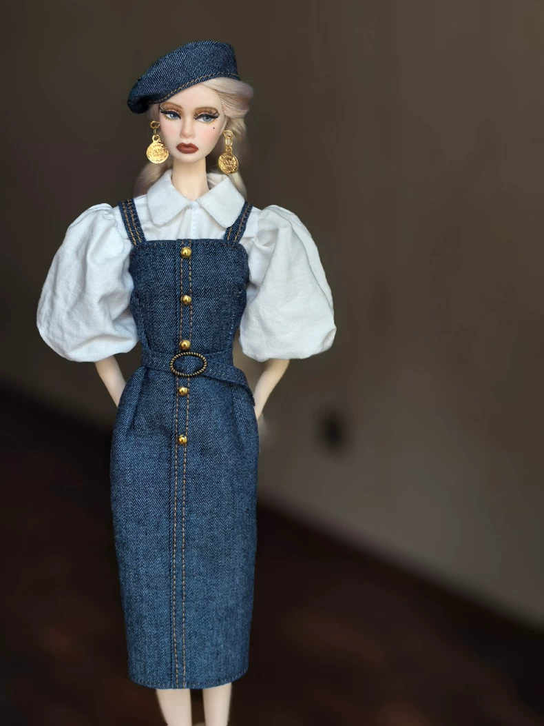 Charming 1/6 BJD Doll Outfit: Elegant Lantern Sleeve Blouse & Denim Dress Set w/ Accessories for Barbie & More - Image 1