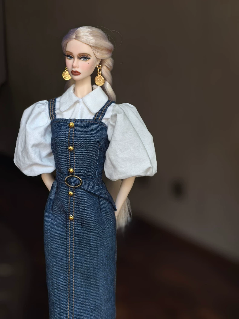 Charming 1/6 BJD Doll Outfit: Elegant Lantern Sleeve Blouse & Denim Dress Set w/ Accessories for Barbie & More - Image 2