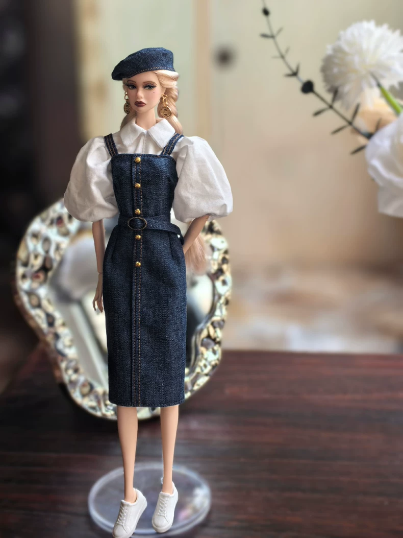 Charming 1/6 BJD Doll Outfit: Elegant Lantern Sleeve Blouse & Denim Dress Set w/ Accessories for Barbie & More - Image 3