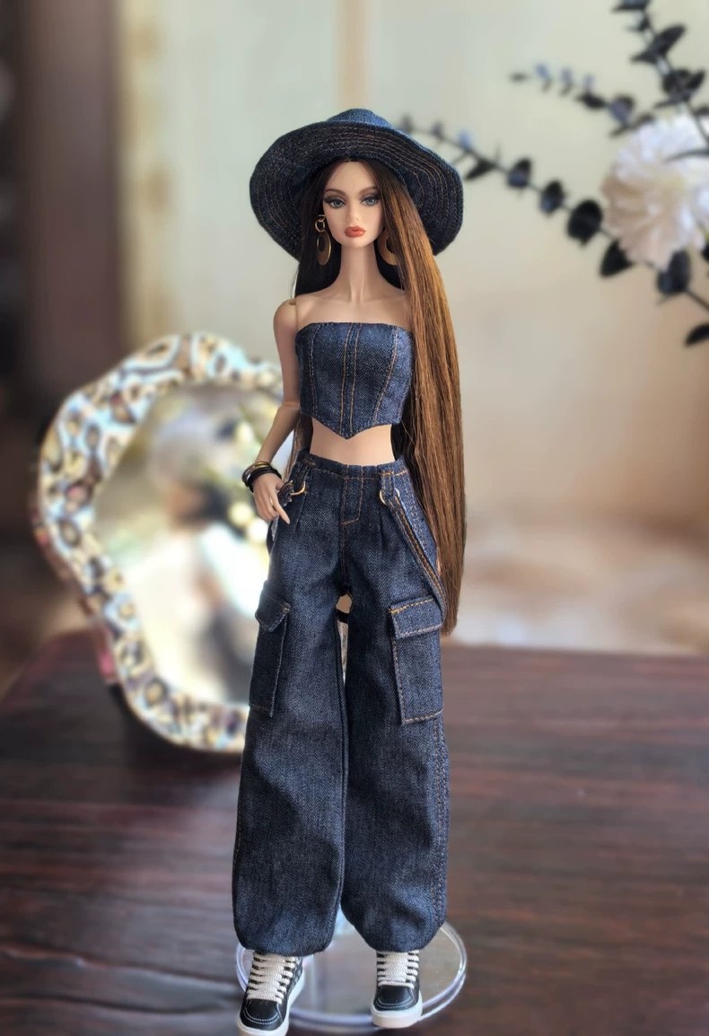 Stylish Denim Outfit for 1/6 BJD Dolls – Trendy Crop Top & Jeans with Accessories - Image 1
