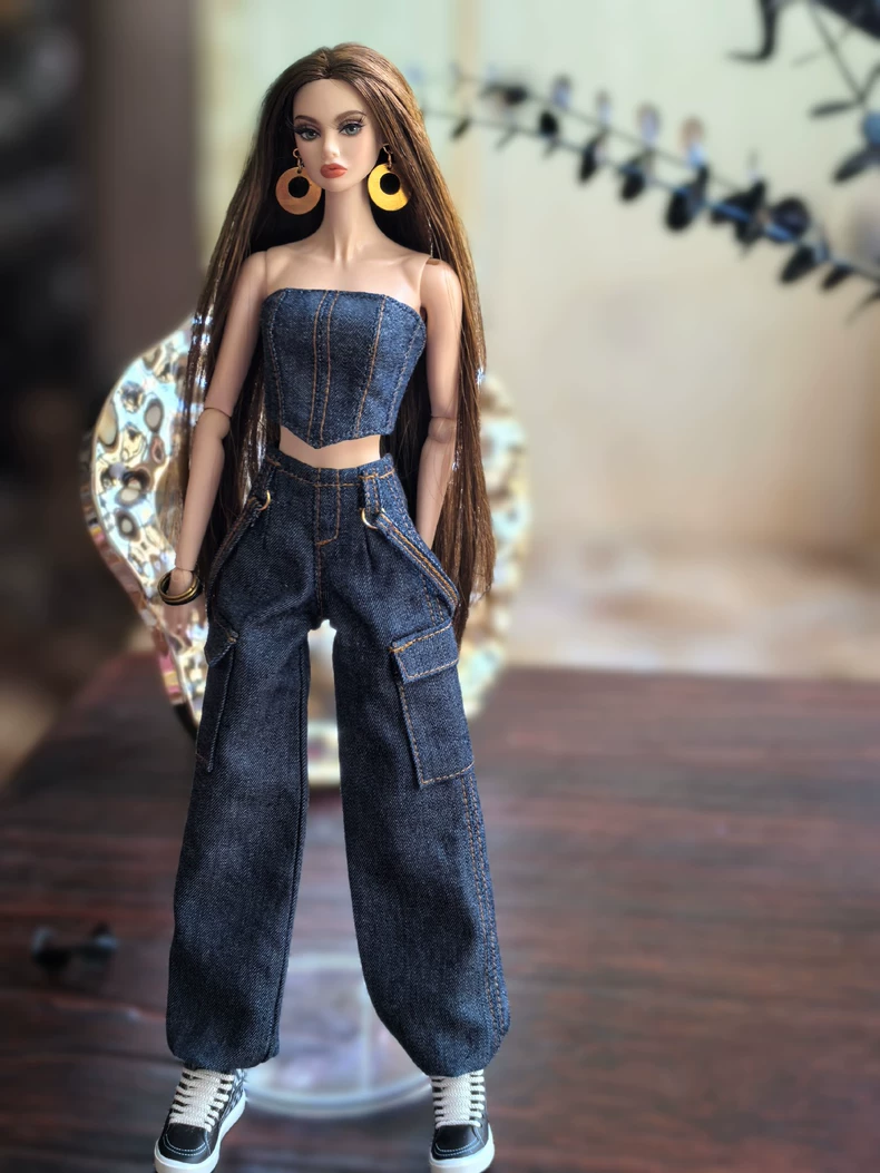 Stylish Denim Outfit for 1/6 BJD Dolls – Trendy Crop Top & Jeans with Accessories - Image 4