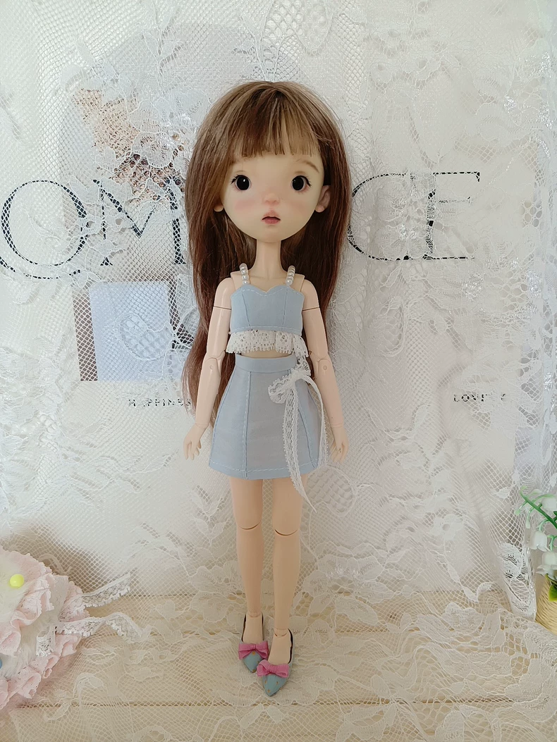 Elegant Pastel Blue BLYTHE Doll Outfit: Lace Top & Denim Skirt for OB22 Dolls - Image 5