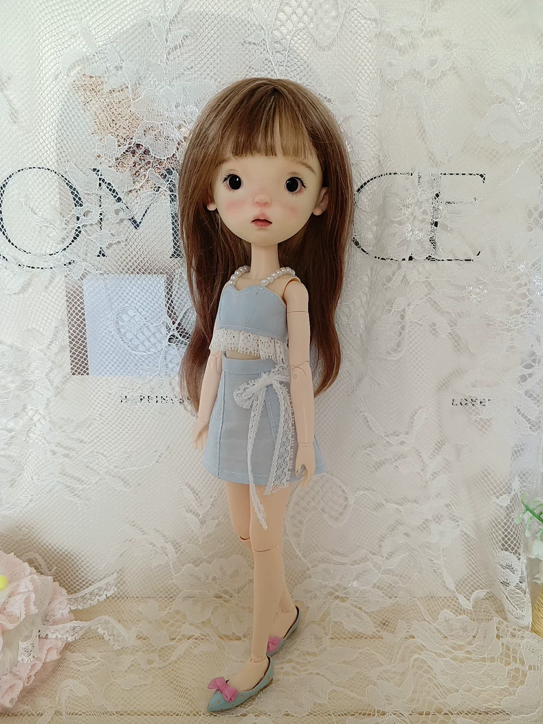 Elegant Pastel Blue BLYTHE Doll Outfit: Lace Top & Denim Skirt for OB22 Dolls - Image 6