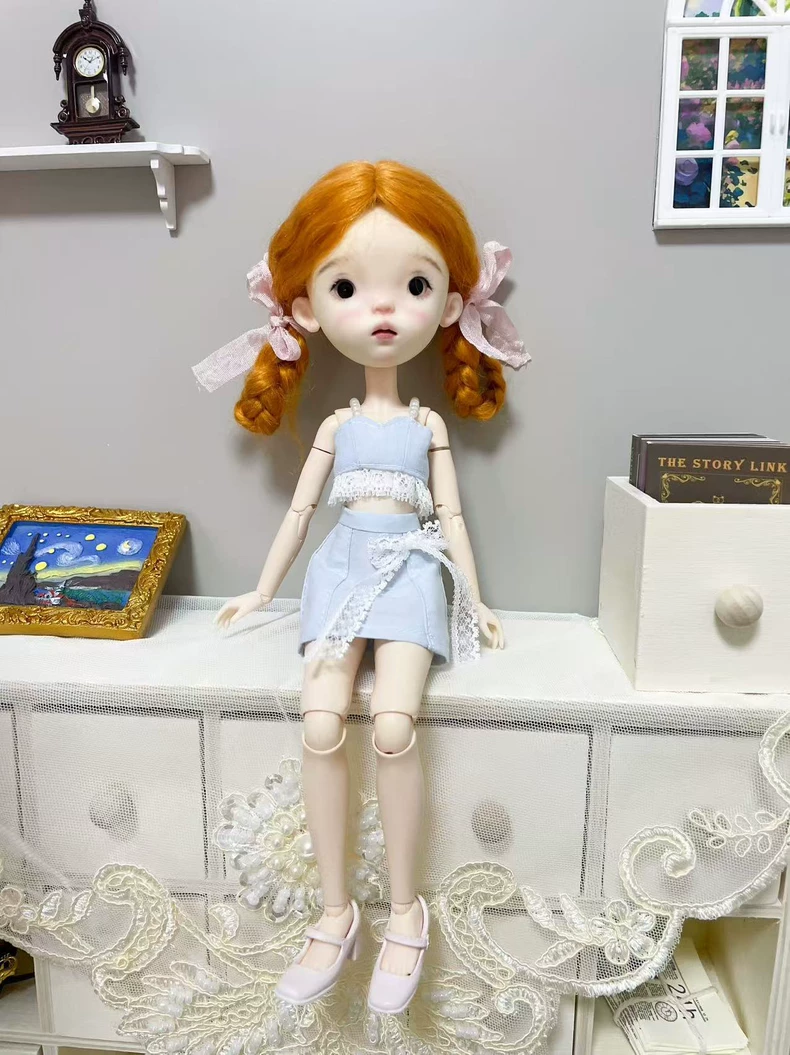 Elegant Pastel Blue BLYTHE Doll Outfit: Lace Top & Denim Skirt for OB22 Dolls - Image 7