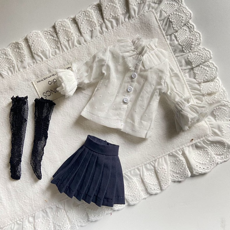 Premium BLYTHE OB22 OB24 Doll Clothes Set: Navy White Lace Outfit + Stockings - Image 9