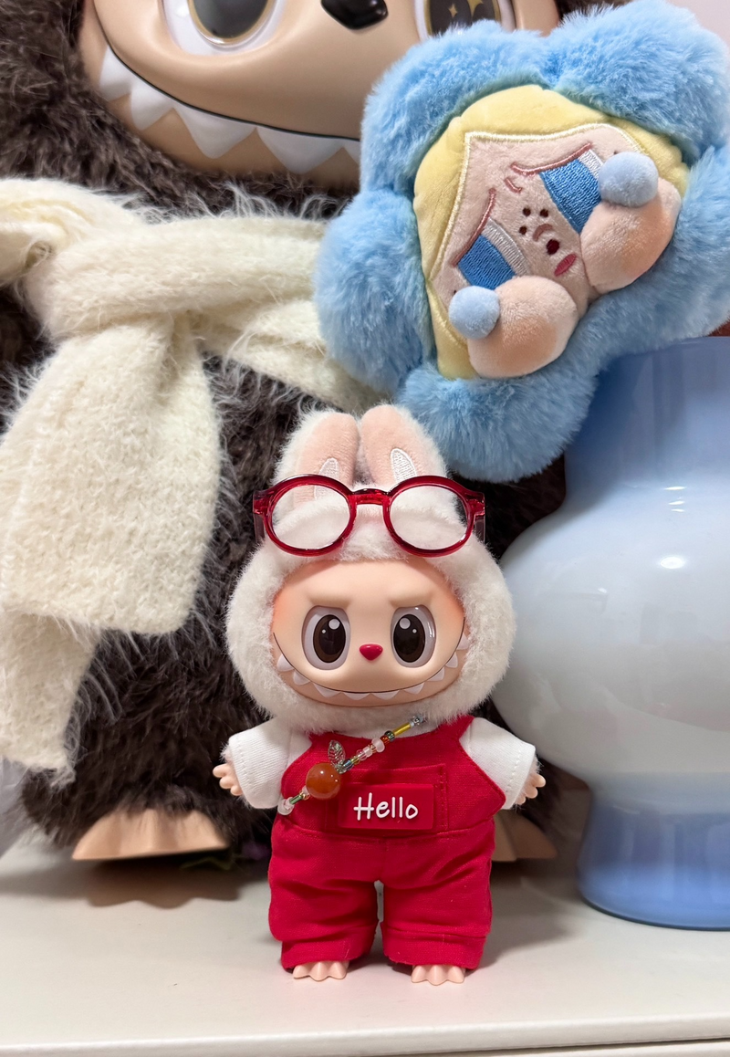 Vibrant Red Labubu Doll Jumpsuit with Bow & Glasses – Playful & Durable Collectible Outfit - Image 1