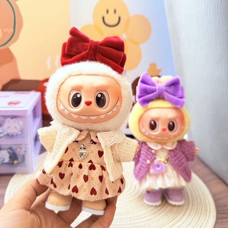 Adorable Labubu Doll Outfits: Stylish Dresses & Jackets with Bows & Necklaces for 17cm Dolls - Image 4