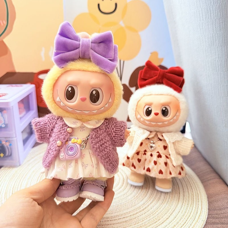 Adorable Labubu Doll Outfits: Stylish Dresses & Jackets with Bows & Necklaces for 17cm Dolls - Image 8