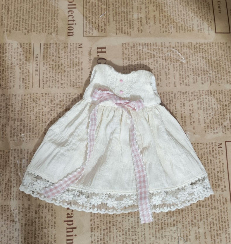 Vintage Cream Lace Dress with Pink Gingham Bow & Yellow Shoes for BLYTHE OB24 OB22 A-ZONE Dolls - No Returns - Image 4