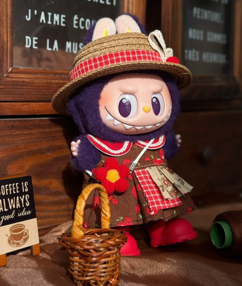 Whimsical Labubu Doll Summer Outfit: Straw Hat, Floral Dress & Eye Bag for Playful Adventures - Image 1