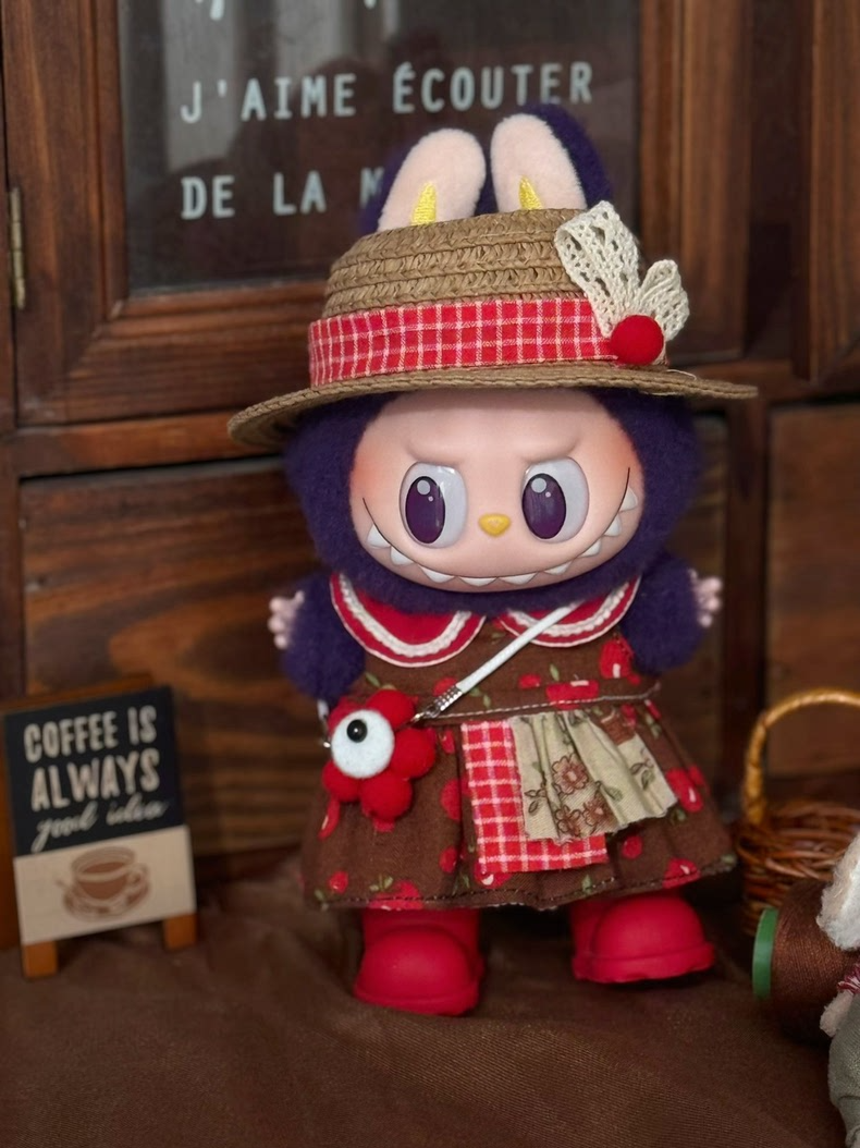 Whimsical Labubu Doll Summer Outfit: Straw Hat, Floral Dress & Eye Bag for Playful Adventures - Image 3