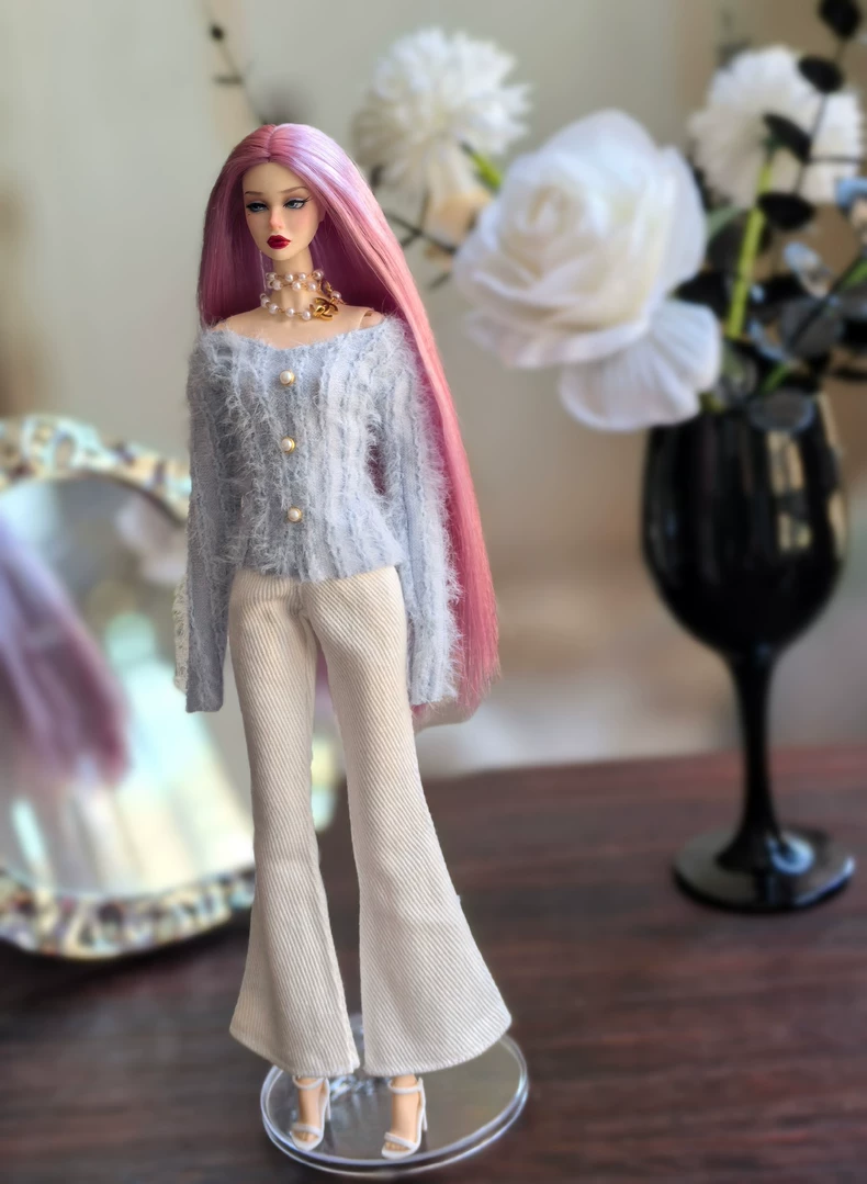 Stylish Baby Blue Fuzzy Sweater & White Flare Pants Outfit for 1/6 BJD Dolls – Elegant & Versatile - Image 1