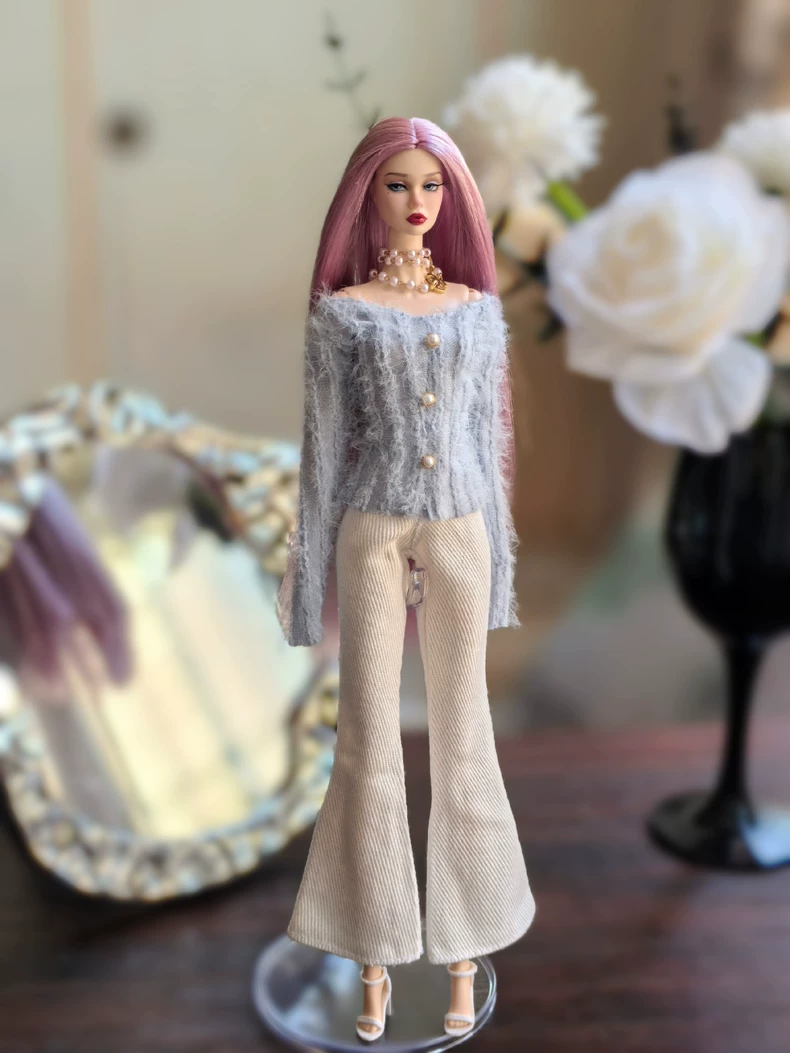 Stylish Baby Blue Fuzzy Sweater & White Flare Pants Outfit for 1/6 BJD Dolls – Elegant & Versatile - Image 2
