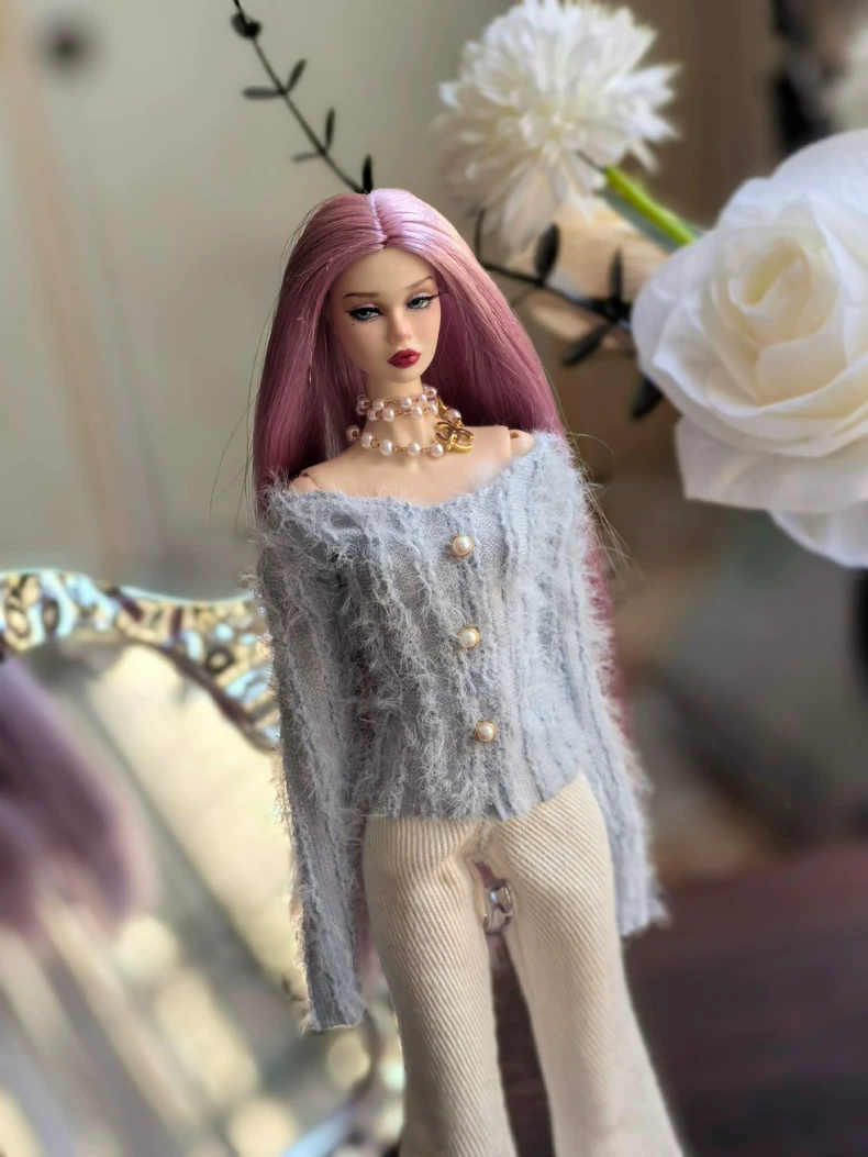 Stylish Baby Blue Fuzzy Sweater & White Flare Pants Outfit for 1/6 BJD Dolls – Elegant & Versatile - Image 3