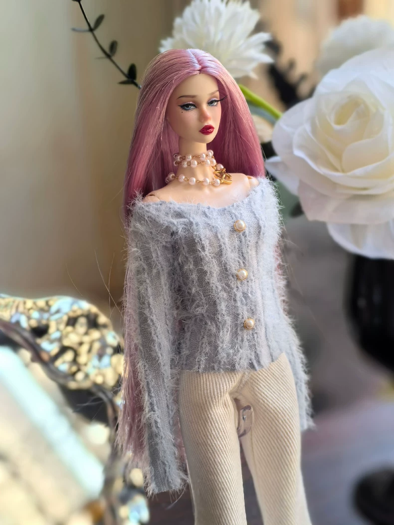 Stylish Baby Blue Fuzzy Sweater & White Flare Pants Outfit for 1/6 BJD Dolls – Elegant & Versatile - Image 4