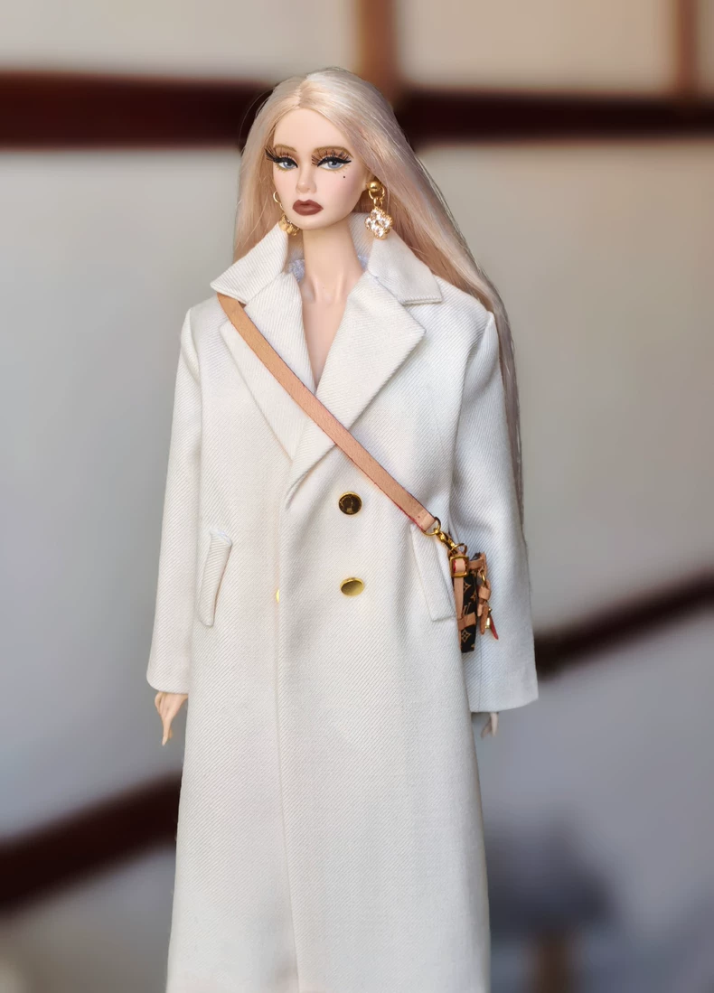 Elegant White BJD 1/6 Doll Outfit: Luxe Coat & Dress Set with Belt & Earrings - Image 1