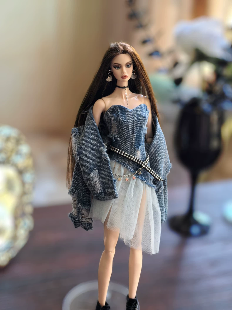 Edgy Chic BJD Denim Set: Sheer & Star Accents | 1/6 Doll Couture - Image 1