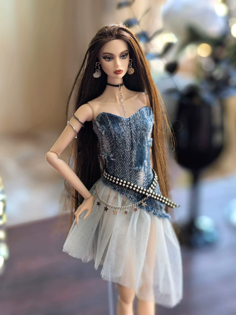 Edgy Chic BJD Denim Set: Sheer & Star Accents | 1/6 Doll Couture - Image 2