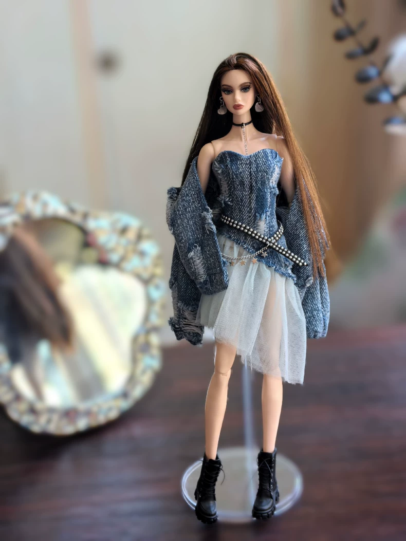 Edgy Chic BJD Denim Set: Sheer & Star Accents | 1/6 Doll Couture - Image 3