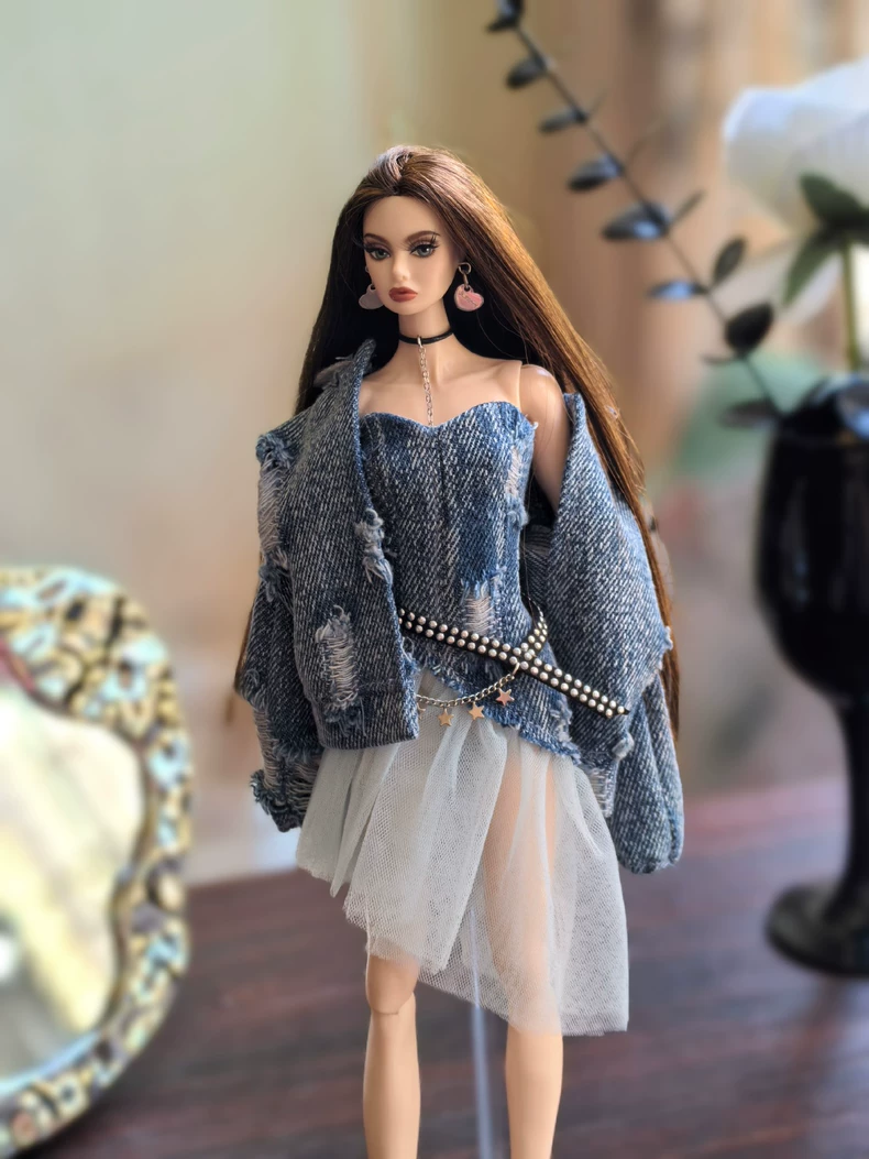 Edgy Chic BJD Denim Set: Sheer & Star Accents | 1/6 Doll Couture - Image 4