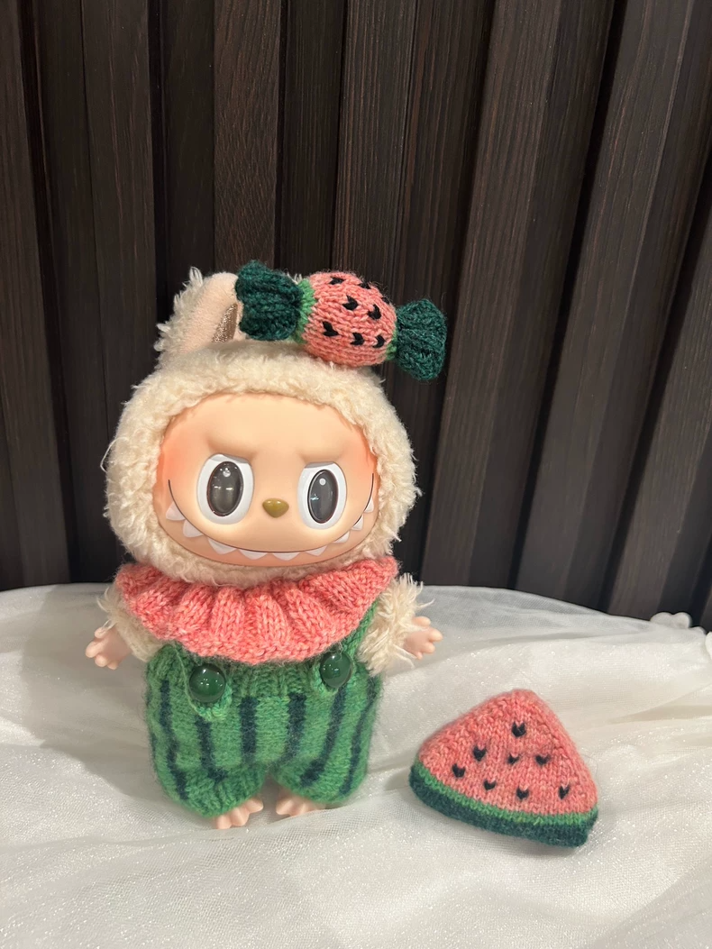Whimsical Watermelon LABUBU Doll Outfit – Candy Headband & Ruffled Collar – Soft Wool Yarn – Playful & Durable - Image 1