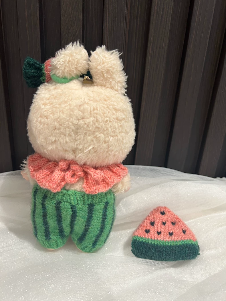 Whimsical Watermelon LABUBU Doll Outfit – Candy Headband & Ruffled Collar – Soft Wool Yarn – Playful & Durable - Image 2