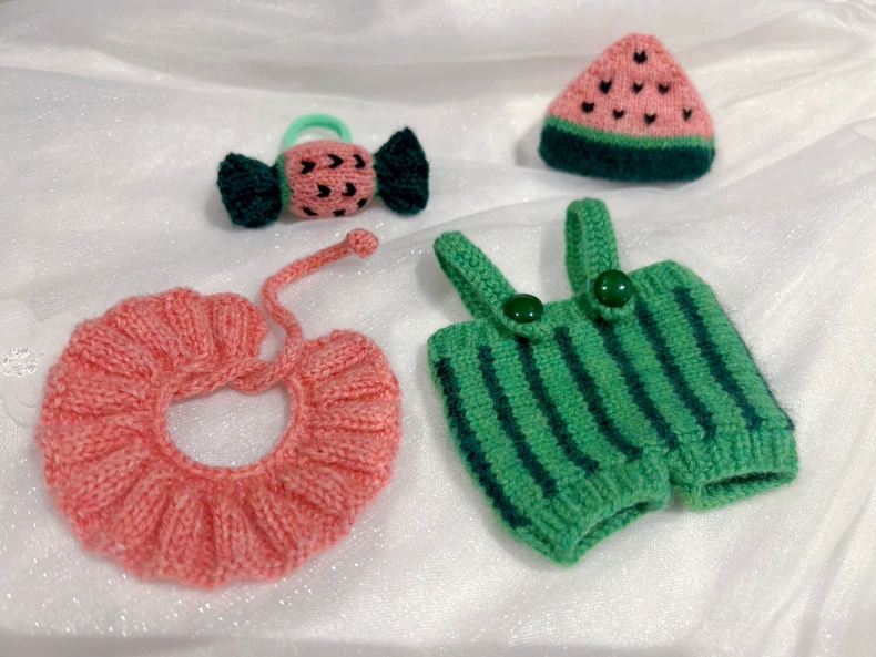 Whimsical Watermelon LABUBU Doll Outfit – Candy Headband & Ruffled Collar – Soft Wool Yarn – Playful & Durable - Image 3